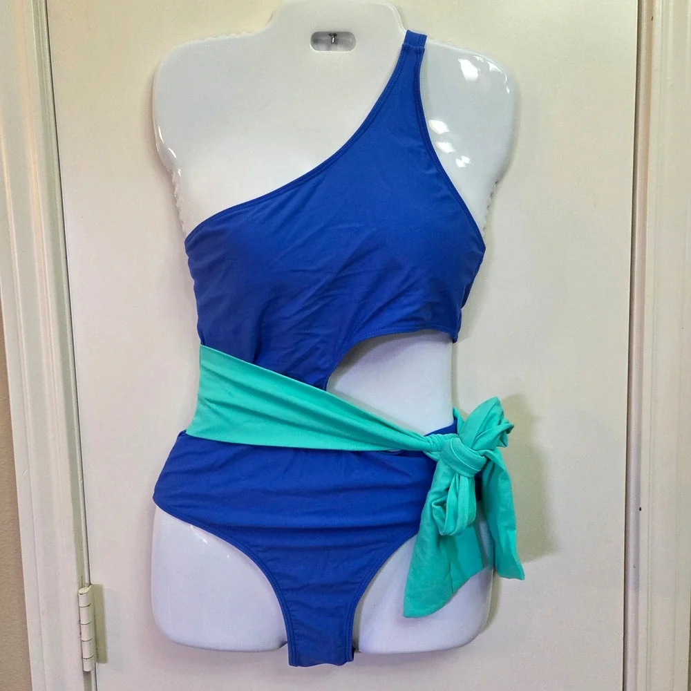 Blue One Shoulder Monokini Cutout Swimsuit with Mint Green Waist Tie Small